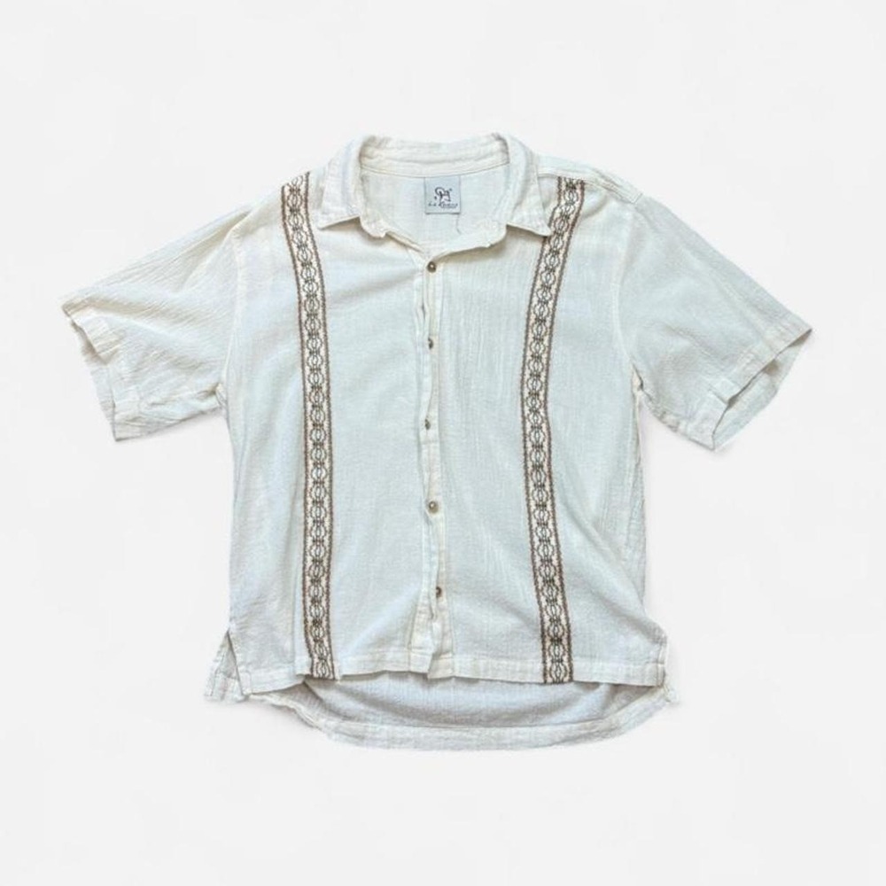 La Rueca Cream Guayabera Embroidered Short Sleeve Button Up Shirt Small